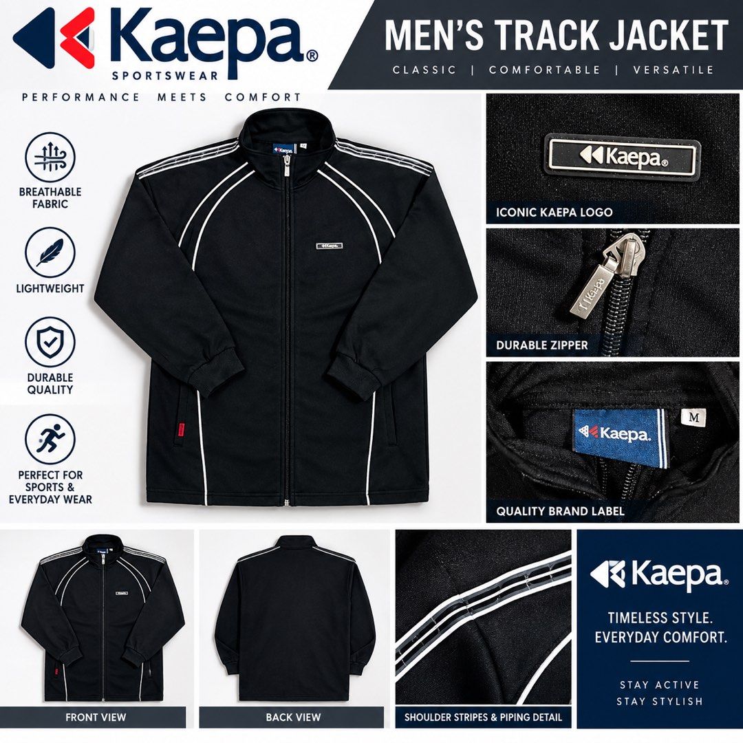 Kaepa Men's Black Track Jacket (Category: Coats, Jackets and Outerwear) located in Quezon City. Submitted by royalturtle-1071 (Listing ID 1462172855, Image 1). Description: - Classic Kaepa track jacket for men - Color: Black with white piping and shoulder stripes - Material: Breathable and lightweight fabric - Perfect for sports or everyday wear - Features iconic Kaepa logo - Durable zipper - Timeless style and everyday comfort.