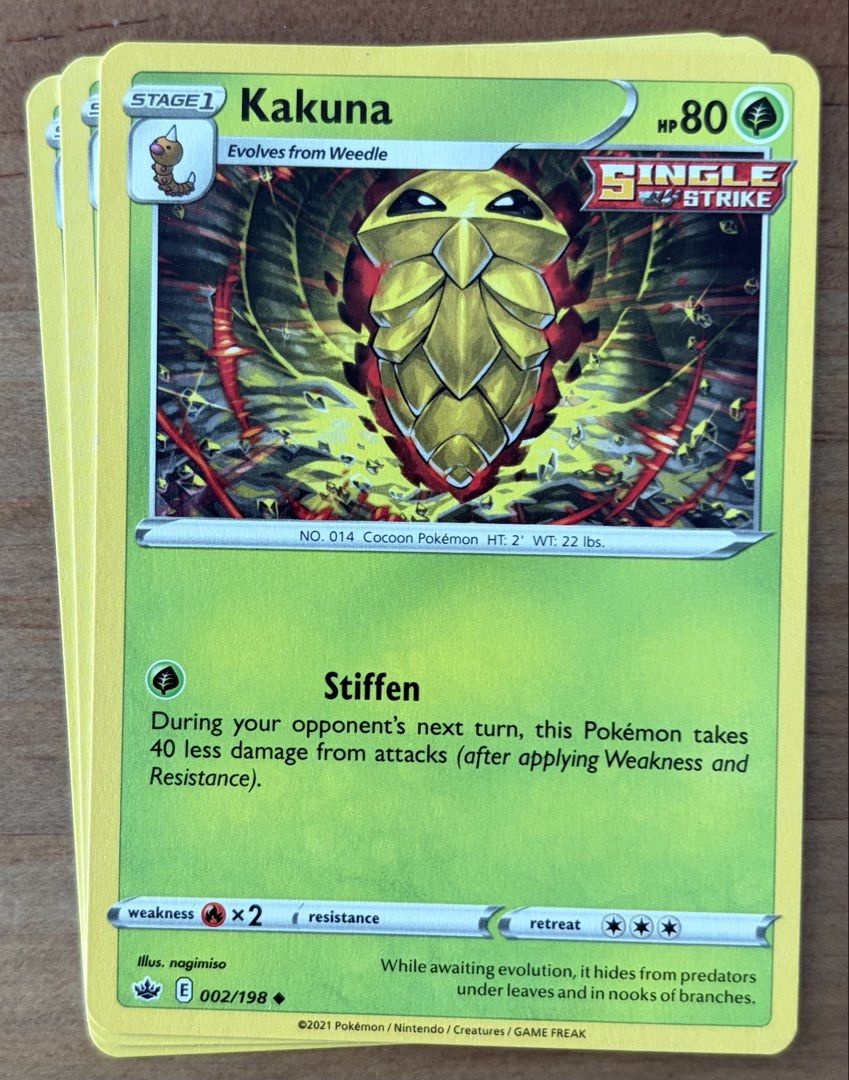 Kakuna | Pokemon Cards ~ Chilling Reign (Category: Raw Singles) located in Makati City. Submitted by cardlab (Listing ID 1462067084, Image 1). Description: Items are 💯 authentic/original/legit. About The Card: •Language: EN • Number: 002/198 • Uncommon • Normal FOR: • Cards ₱99 and below with Card Sleeves • Cards ₱100 and up with Card Sleeves and Used Toploader • ₱10 for Bnew Tops Packaging (If Shipping): ✔️ Plastic cover ✔️ Cardboard ✔️ Bubble 