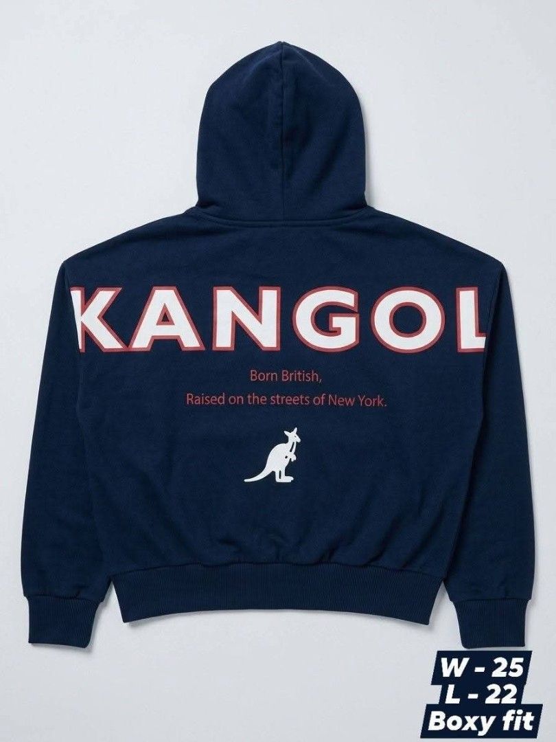 Kangol Navy Blue Hoodie (Category: Coats, Jackets and Outerwear) located in Quezon City. Submitted by rezno (Listing ID 1462257935, Image 1). Description: - Navy blue Kangol hoodie - Classic kangaroo logo on the front - Large 'KANGOL' text and 'Born British, Raised on the streets of New York.' graphic on the back - Boxy fit - Estimated size: W-25 L-22.