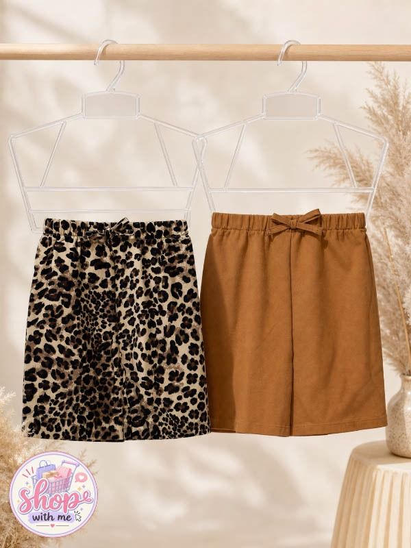 Kids Leopard Print & Brown Shorts Set (Category: Babies & Kids Fashion) located in San Marcelino. Submitted by jira_13 (Listing ID 1462123528, Image 1). Description: ONHAND 📣Free shipping for 3 or more items from this shop Size: 6-9 months on tag ( best fit 9-12 months ) 🏷️ P180.00 (2 pcs.) - Set of 2 kids shorts - One leopard print, one classic brown - Elastic waistband with drawstring for comfort - Ideal for everyday wear and playtime.