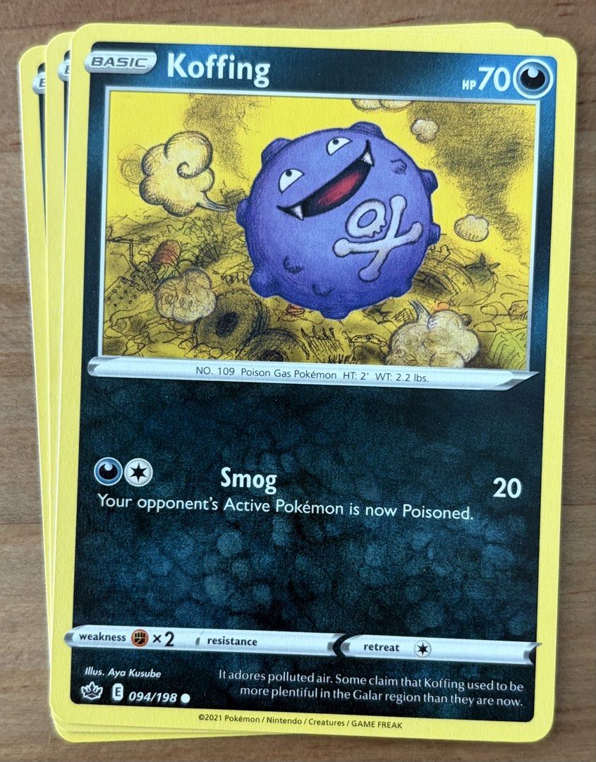 Koffing | Pokemon Cards ~ Chilling Reign (Category: Raw Singles) located in Makati City. Submitted by cardlab (Listing ID 1462080237, Image 1). Description: Items are 💯 authentic/original/legit. About The Card: •Language: EN • Number: 094/198 • Common • Normal FOR: • Cards ₱99 and below with Card Sleeves • Cards ₱100 and up with Card Sleeves and Used Toploader • ₱10 for Bnew Tops Packaging (If Shipping): ✔️ Plastic cover ✔️ Cardboard ✔️ Bubble w
