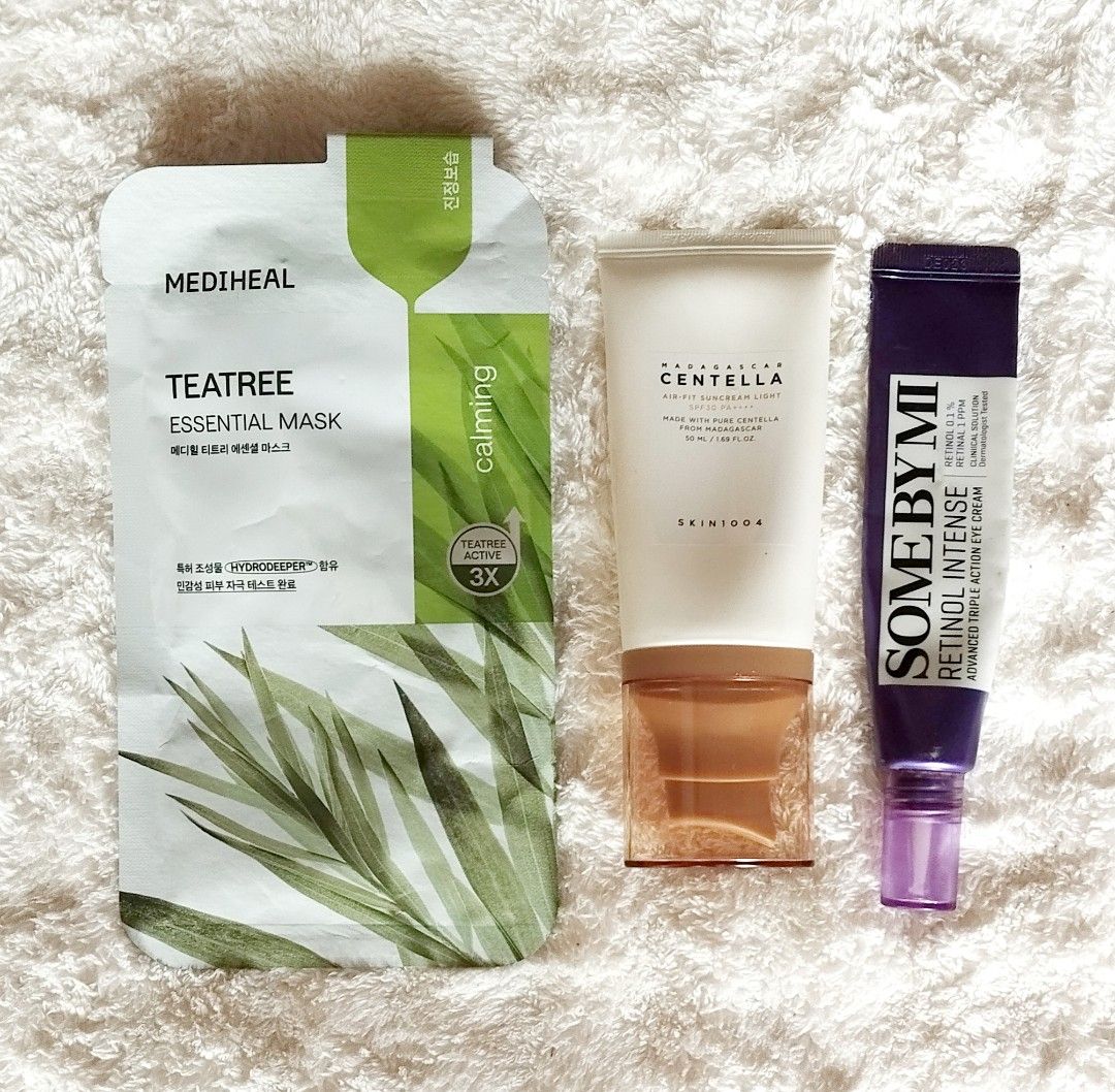 Korean Skincare Bundle (Category: Face Care) located in Ozamiz City. Submitted by ng.thrifts (Listing ID 1462051974, Image 1). Description: - Mediheal Teatree Mask - brand new and sealed - Skin1004 Madagascar Centella Air-Fit Suncream Light - 80% full - Some By Mi Retinol Intense Advanced Triple Action Eye Cream - 30% full.