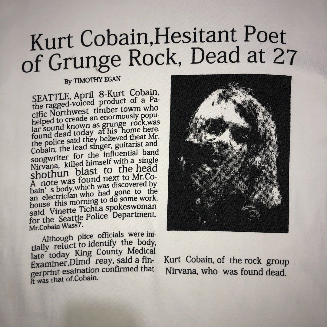 Kurt Cobain Newspaper Article Heavyweight Tee (Category: Tshirts & Polo Shirts ) located in Dasmarinas. Submitted by cornyxmessy (Listing ID 1462223479, Image 3). Description: width - 23 length - 28.5.