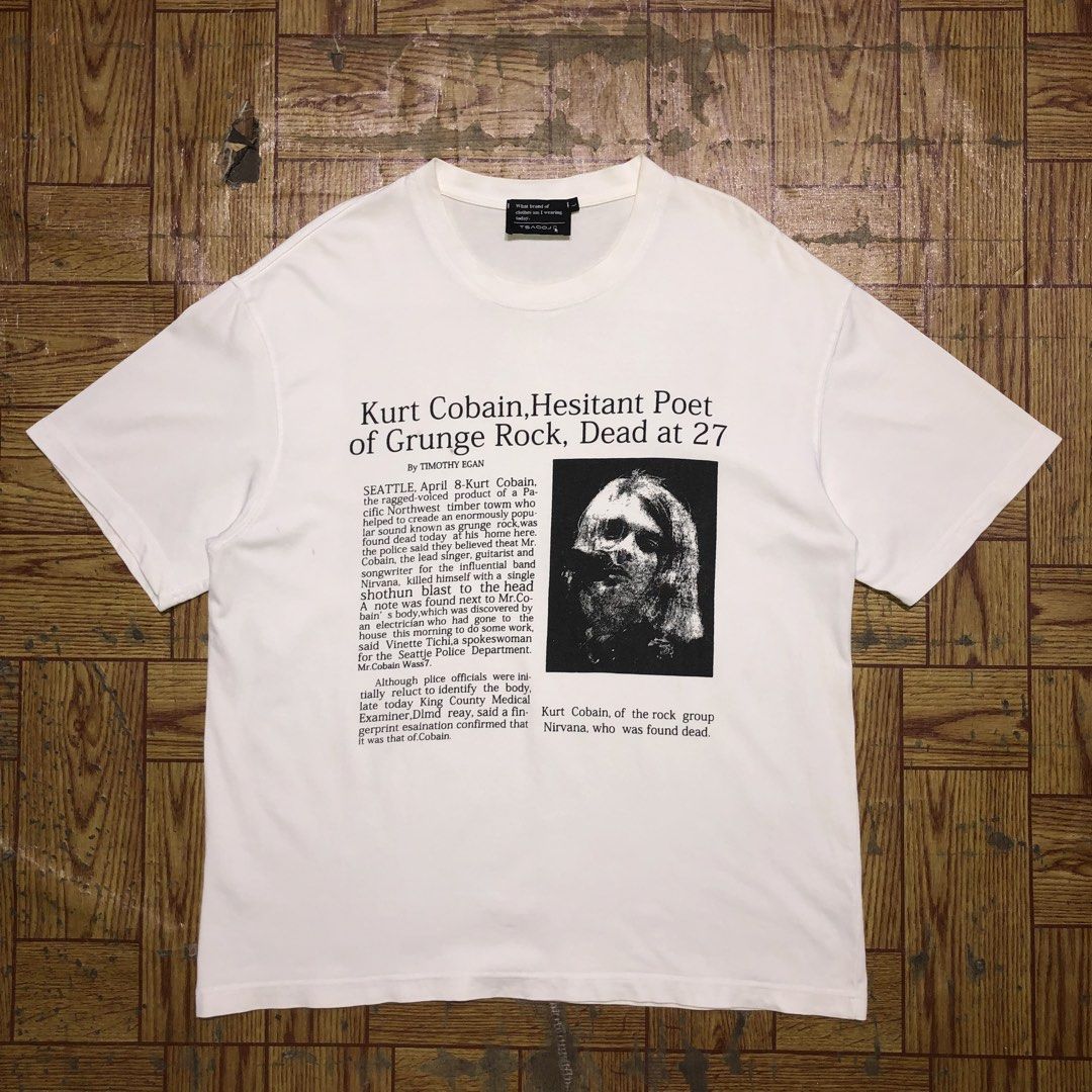 Kurt Cobain Newspaper Article Heavyweight Tee (Category: Tshirts & Polo Shirts ) located in Dasmarinas. Submitted by cornyxmessy (Listing ID 1462223479, Image 1). Description: width - 23 length - 28.5.