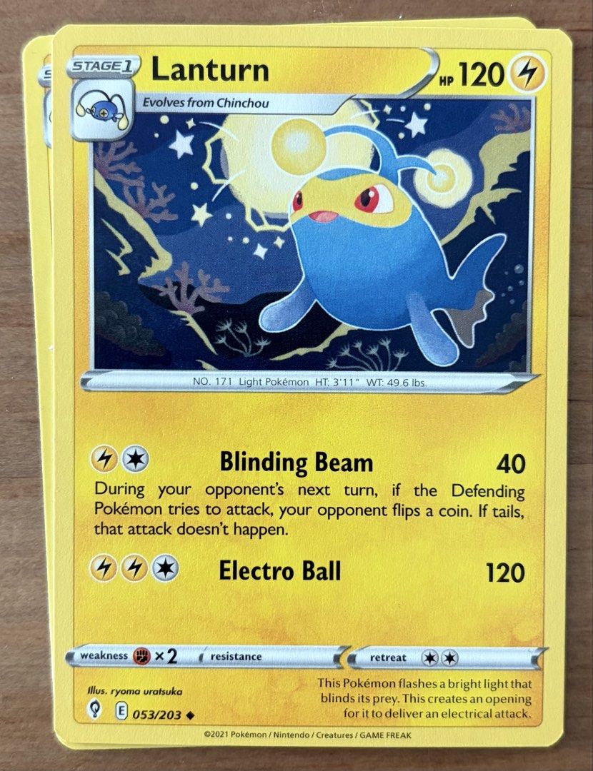 Lanturn | Pokemon Cards ~ Evolving Skies (Category: Raw Singles) located in Makati City. Submitted by cardlab (Listing ID 1462258414, Image 1). Description: Items are 💯 authentic/original/legit. About The Card: •Language: EN • Number: 053/203 • Common • Normal FOR: • Cards ₱99 and below with Card Sleeves • Cards ₱100 and up with Card Sleeves and Used Toploader • ₱10 for Bnew Tops Packaging (If Shipping): ✔️ Plastic cover ✔️ Cardboard ✔️ Bubble w