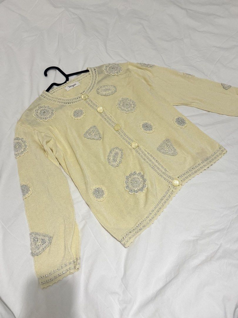 Lemon Yellow “tangiela” cardigan (Category: Coats, Jackets and Outerwear) located in Manila. Submitted by namiskyumi (Listing ID 1462180333, Image 1). Description: Rfs: decluttering - statement piece - fits M-L - such cute bead work and i had a hard time letting this one go.