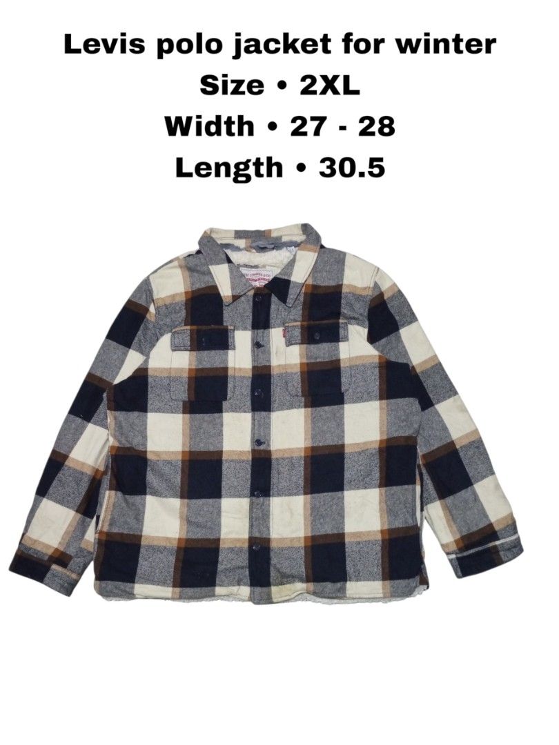 Levi's Plaid Sherpa Lined Jacket Size 2XL (Category: Coats, Jackets and Outerwear) located in Magdalena. Submitted by magdalenathrift20 (Listing ID 1462173558, Image 2). Description: - Brand: Levi's - Size: 2XL - Style: Warm jacket with plaid pattern - Features: Sherpa lining for extra coziness, button-up front, chest pockets - Ideal for: Cooler weather - Measurements: Width 27-28 inches, Length 30.5 inches.