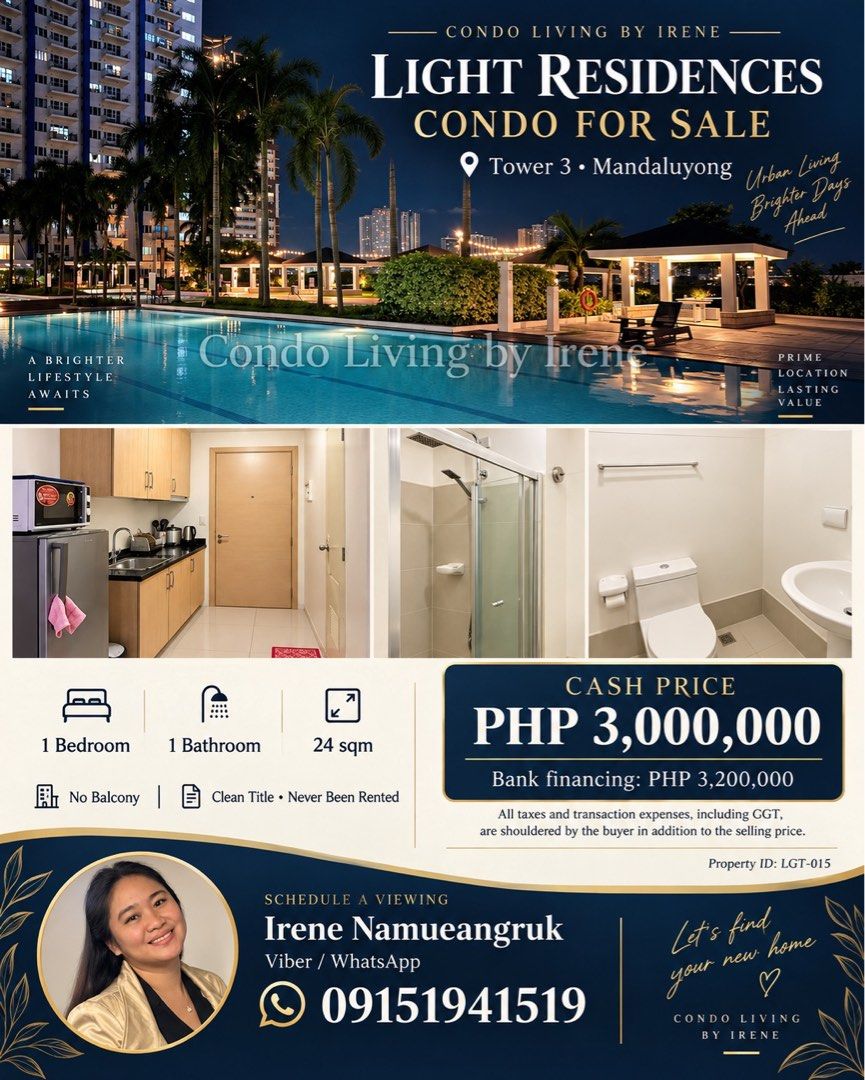 Light Residences at Mandaluyong (Category: Apartments & Condos) located in Mandaluyong City. Submitted by chaiwat101 (Listing ID 1462092500, Image 1). Description: Property ID: LGT-015 Light Residences Tower 3 1BR Condo for Sale in Mandaluyong Cash selling price: PHP 3,000,000 Bank-financing selling price: PHP 3,200,000 All taxes and transaction expenses, including Capital Gains Tax (CGT), are to be shouldered by the buyer in addition to the sell