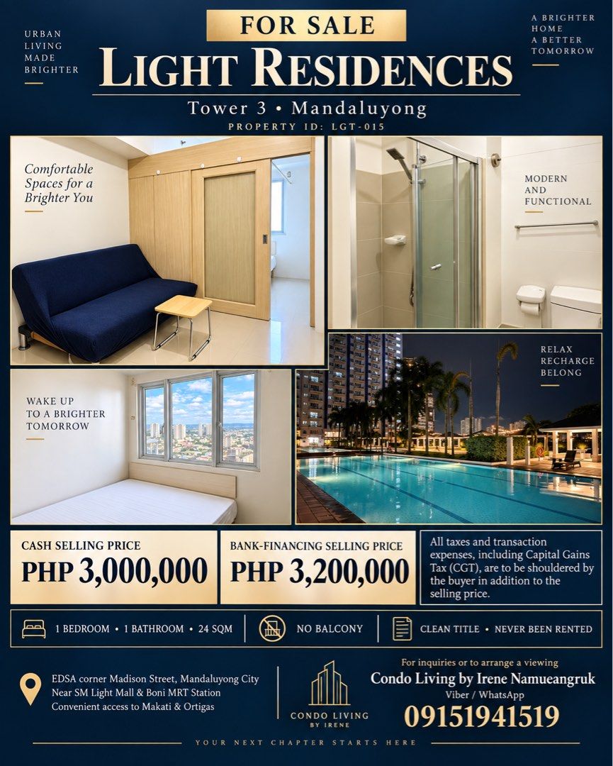 Light Residences at Mandaluyong (Category: Apartments & Condos) located in Mandaluyong City. Submitted by chaiwat101 (Listing ID 1462092500, Image 2). Description: Property ID: LGT-015 Light Residences Tower 3 1BR Condo for Sale in Mandaluyong Cash selling price: PHP 3,000,000 Bank-financing selling price: PHP 3,200,000 All taxes and transaction expenses, including Capital Gains Tax (CGT), are to be shouldered by the buyer in addition to the sell