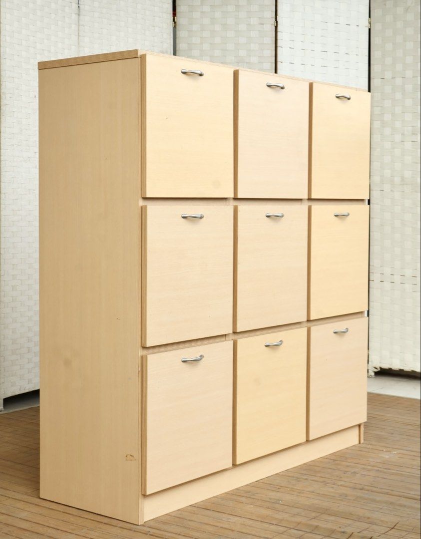 Light Wood 9-Drawer Storage Cabinet Organizer (Category: Shelves, Cabinets & Racks) located in Bulacan. Submitted by FurnitureGallery (Listing ID 1462257401, Image 3). Description: - Light wood finish - 9 drawers in a 3x3 grid - Smooth sliding drawer mechanism - Ideal for organizing shoes, clothes, or various items JAPAN SURPLUS FURNITURE "SATO" MODERN DESIGN LATERAL DRAWER WITH 9PULLOUT DRAWERS Size 44L x 15.5W x 46.76H in inches (AS-IS ITEM) *M