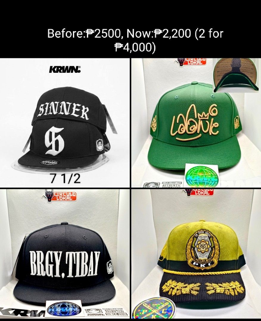 Local Brand Caps (Category: Caps & Hats) located in Antipolo. Submitted by swiftdragon.etc (Listing ID 1462169430, Image 1). Description: CLEARANCE SALE UPDATED ‼️ Paubos sale price para sa mga Bossing 🫡 Lahat Bnew, may box ang dapat may box. Add sf po sa Malayo. -For full payments only. -No Cod , No installment. Loc: Upper Antipolo..