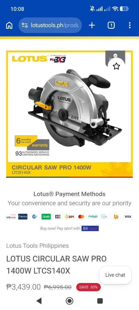 LOTUS Circular Saw Pro 1400W LTCS140X (Category: Construction Tools & Equipment) located in Quezon City. Submitted by wads_ (Listing ID 1462052138, Image 3). Description: - Powerful 1400W motor for efficient cutting. - 185mm blade for smooth, continuous cuts. - Max cutting depth: 64mm at 90 degrees, 45mm at 45 degrees. - High rated speed of 5,200rpm. - Includes a wrench and original box. - Professional grade ni Lotus kaya walang blade - Never use