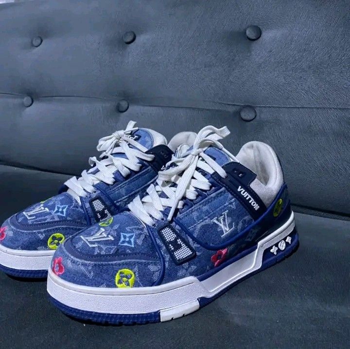 Louis Vuitton Denim Monogram Sneakers (Category: Sneakers) located in Manila. Submitted by bright.mayess (Listing ID 1462258200, Image 1). Description: - Authentic Louis Vuitton Sneakers - Color: Blue Denim - All-over Monogram Print with Floral & Butterfly Details - White Laces & Thick White Soles - "VUITTON" Text on Side Heel - Made in Vietnam - Size: 9.5 US Men's.