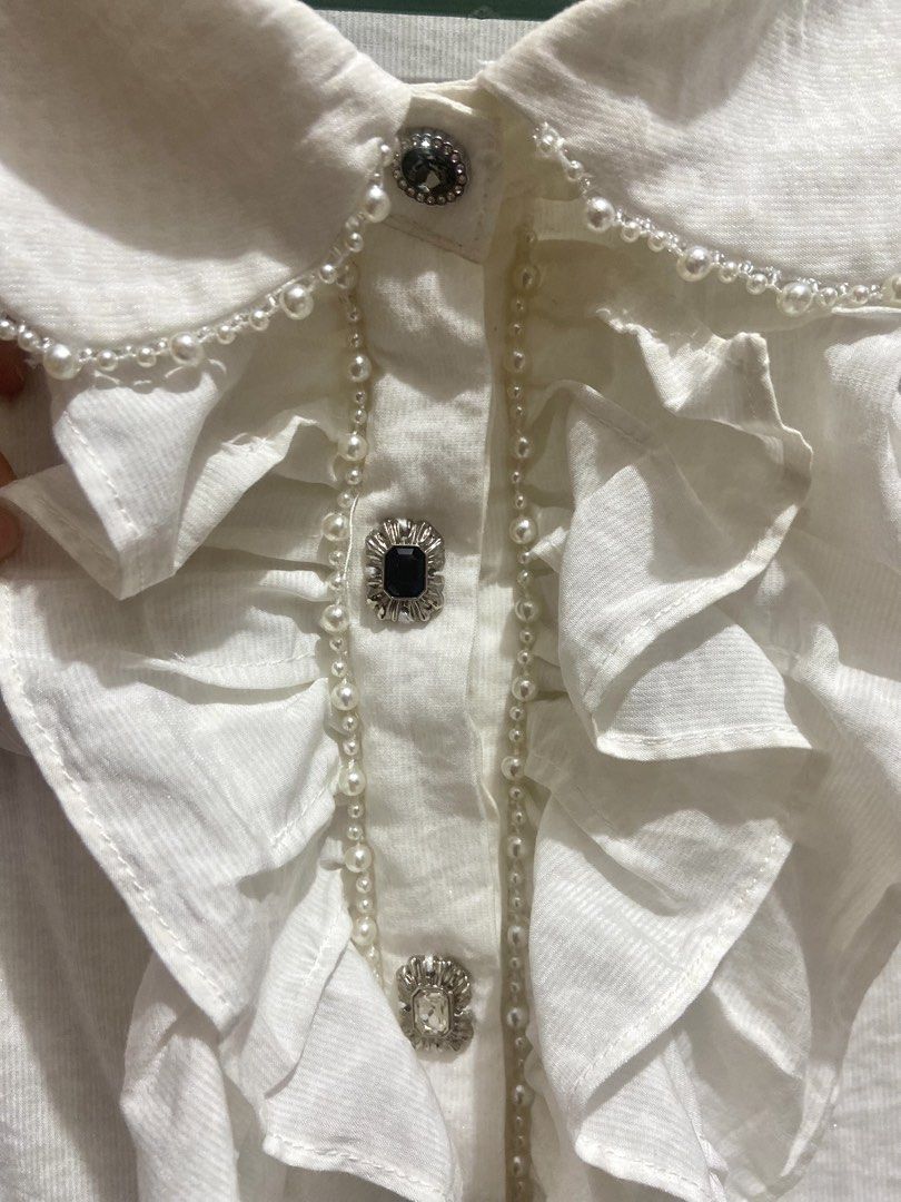 LULUALWAYS Designer Cream Ruffle & Lace Blouse (Category: Longsleeves) located in Quezon City. Submitted by choiyiee14 (Listing ID 1462115752, Image 3). Description: Medium Tag - never been used 📍Quezon City | GCash | Lalamove or J&T Courier.
