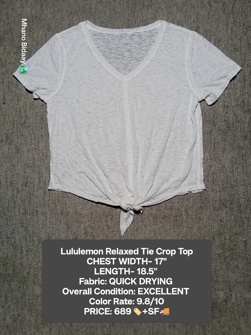 Lululemon Relaxed Tie Crop Top White Quick Drying (Category: Activewear) located in Valencia. Submitted by mhano_bidaay_outdoors_218 (Listing ID 1462190388, Image 1). Description: - White Lululemon tie crop top - V-neck style with short sleeves - Made with quick-drying fabric - Measurements: Chest width 17 inches, Length 18.5 inches - Ideal for workouts or casual wear.