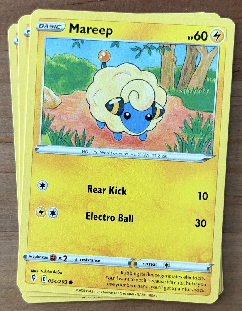 Mareep | Pokemon Cards ~ Evolving Skies (Category: Raw Singles) located in Makati City. Submitted by cardlab (Listing ID 1462258473, Image 1). Description: Items are 💯 authentic/original/legit. About The Card: •Language: EN • Number: 054/203 • Common • Normal FOR: • Cards ₱99 and below with Card Sleeves • Cards ₱100 and up with Card Sleeves and Used Toploader • ₱10 for Bnew Tops Packaging (If Shipping): ✔️ Plastic cover ✔️ Cardboard ✔️ Bubble wr