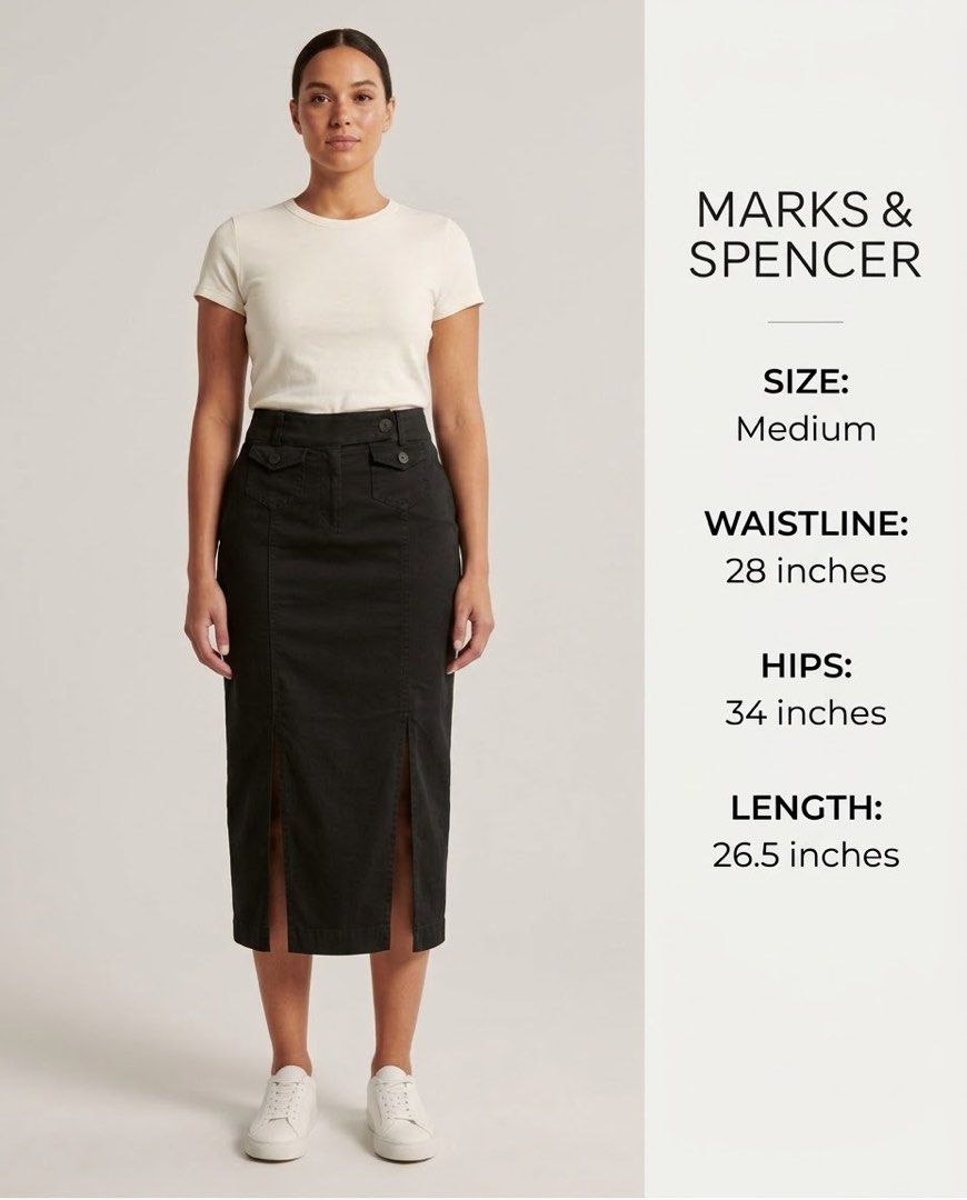 Marks & Spencer Black Long Pencil Skirt (Category: Skirts) located in Antipolo. Submitted by medecamerchandise (Listing ID 1462126950, Image 1). Description: Mark & Spencer Black Long Pencil Skirt | Like New | Preloved ✨ CLASSIC • ELEGANT • TIMELESS ✨ Preloved Mark & Spencer black long pencil skirt in like-new condition. Classic and versatile design—easy to pair with blouse, polo, shirt, blazer, or fitted top. Perfect for office wear, church, for