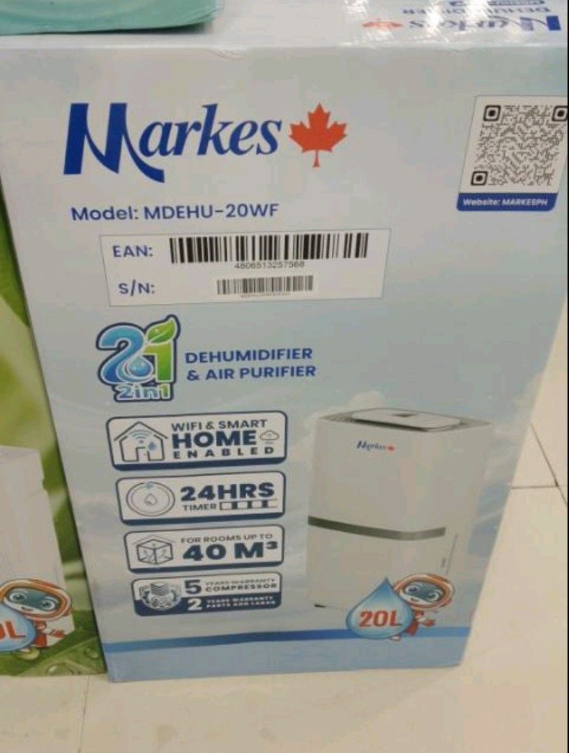 MARKES dehumidifier 20L per day MDEHU-20WF (Category: Air Purifiers & Dehumidifiers) located in Malabon City. Submitted by vjkkappliancetrading (Listing ID 1462135742, Image 2). Description: MARKES dehumidifier 20L per day MDEHU-20WF Key Benefits of Using a Dehumidifier Stops mold and mildew: High humidity creates the ideal breeding ground for mold and mildew on walls, ceilings, and floors. Drying the air stops these fungi from spreading. Relieve