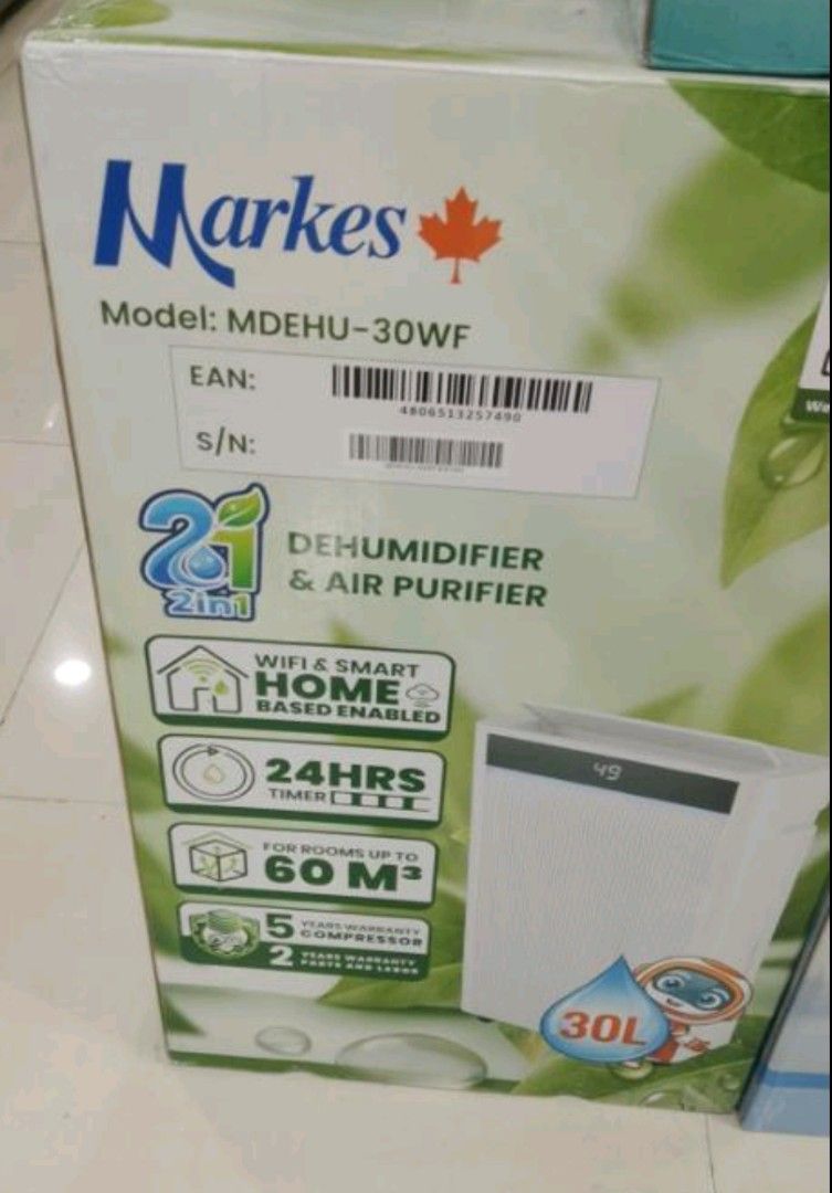 MARKES dehumidifier 30L per day MDEHU-30WF (Category: Air Purifiers & Dehumidifiers) located in Malabon City. Submitted by vjkkappliancetrading (Listing ID 1462136135, Image 2). Description: MARKES dehumidifier 30L per day MDEHU-30WF Key Benefits of Using a Dehumidifier Stops mold and mildew: High humidity creates the ideal breeding ground for mold and mildew on walls, ceilings, and floors. Drying the air stops these fungi from spreading. Relieve