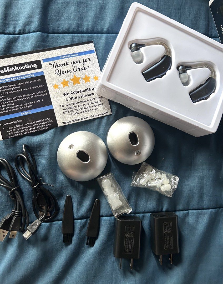 MEDca LYB-44 High Quality Rechargeable Ear Hearing Amplifier Double Pack (Category: Soundbars, Speakers & Amplifiers) located in Bacoor. Submitted by honeybunsshoppe (Listing ID 1462069715, Image 2). Description: - Double pack of MEDca LYB-44 hearing amplifiers - High quality and rechargeable - Comfortable to wear with a fashionable design - Delivers clear, natural sound - Includes charging cables, adapters, and various ear tip sizes.