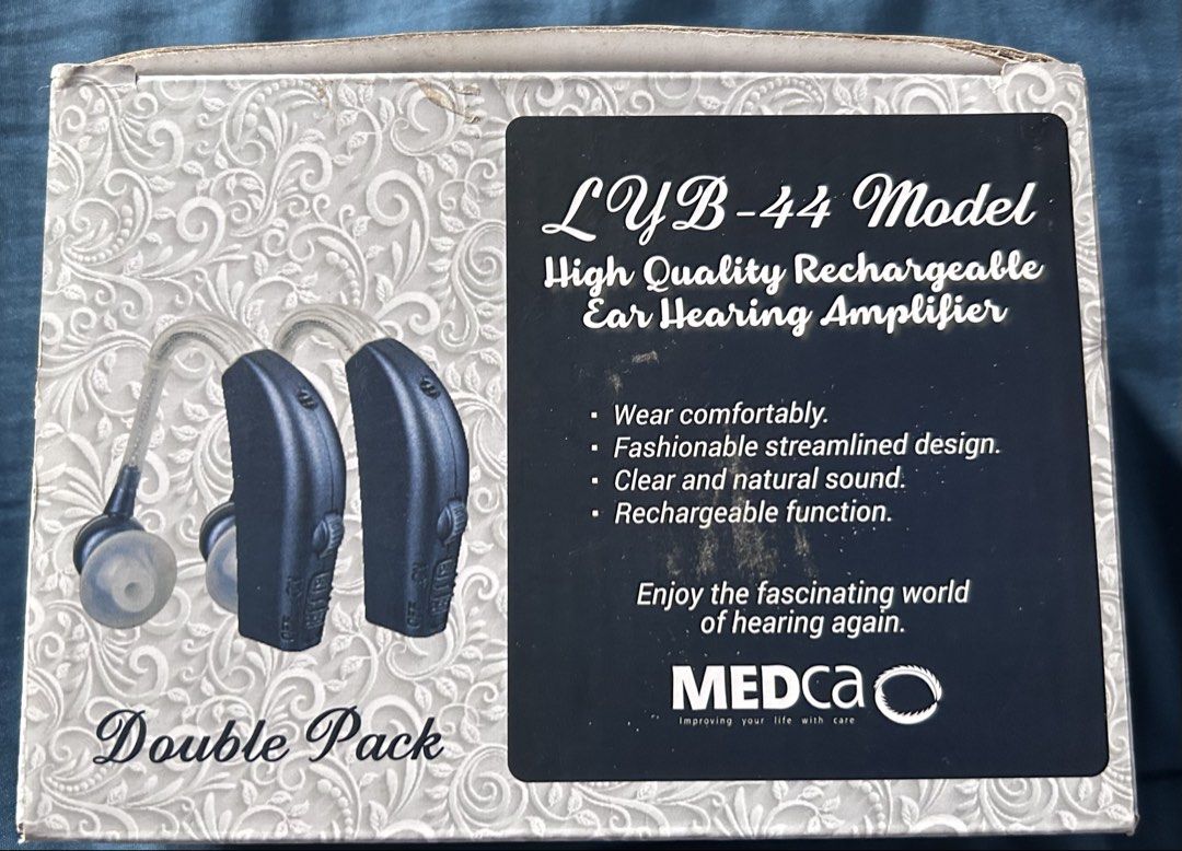 MEDca LYB-44 High Quality Rechargeable Ear Hearing Amplifier Double Pack (Category: Soundbars, Speakers & Amplifiers) located in Bacoor. Submitted by honeybunsshoppe (Listing ID 1462069715, Image 1). Description: - Double pack of MEDca LYB-44 hearing amplifiers - High quality and rechargeable - Comfortable to wear with a fashionable design - Delivers clear, natural sound - Includes charging cables, adapters, and various ear tip sizes.