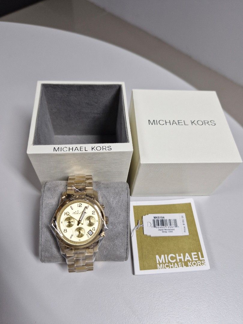 Michael Kors Gold Chronograph Watch MK194 (Category: Luxury Watches) located in Quezon City. Submitted by mysticriver.64959d (Listing ID 1462178207, Image 2). Description: - Authentic Michael Kors Gold Chronograph Watch - Brand New with Original Box and Tags - Features Date Display and Three Subdials - Reliable Japan Movement - Strap Made in USA - Original Price Tag: $150.00 - Protective plastic still attached.
