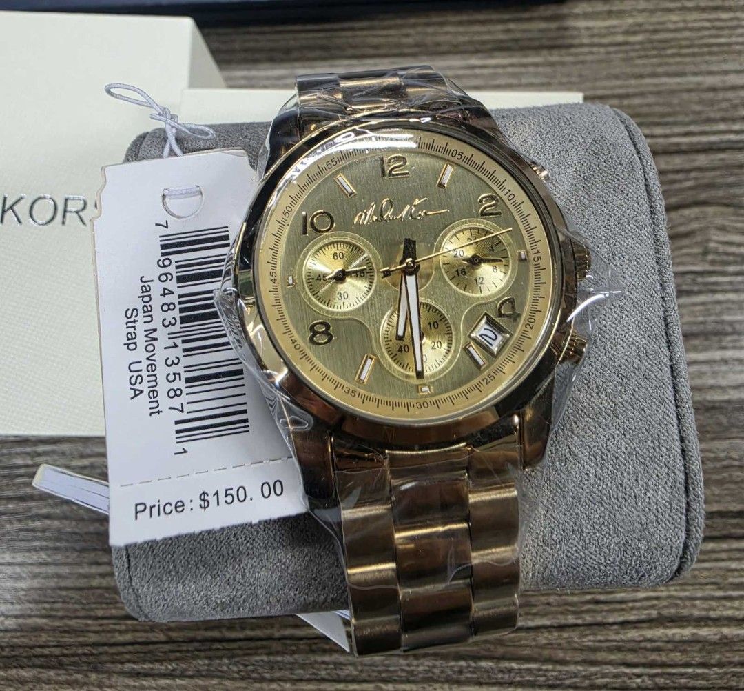 Michael Kors Gold Chronograph Watch MK194 (Category: Luxury Watches) located in Quezon City. Submitted by mysticriver.64959d (Listing ID 1462178207, Image 3). Description: - Authentic Michael Kors Gold Chronograph Watch - Brand New with Original Box and Tags - Features Date Display and Three Subdials - Reliable Japan Movement - Strap Made in USA - Original Price Tag: $150.00 - Protective plastic still attached.