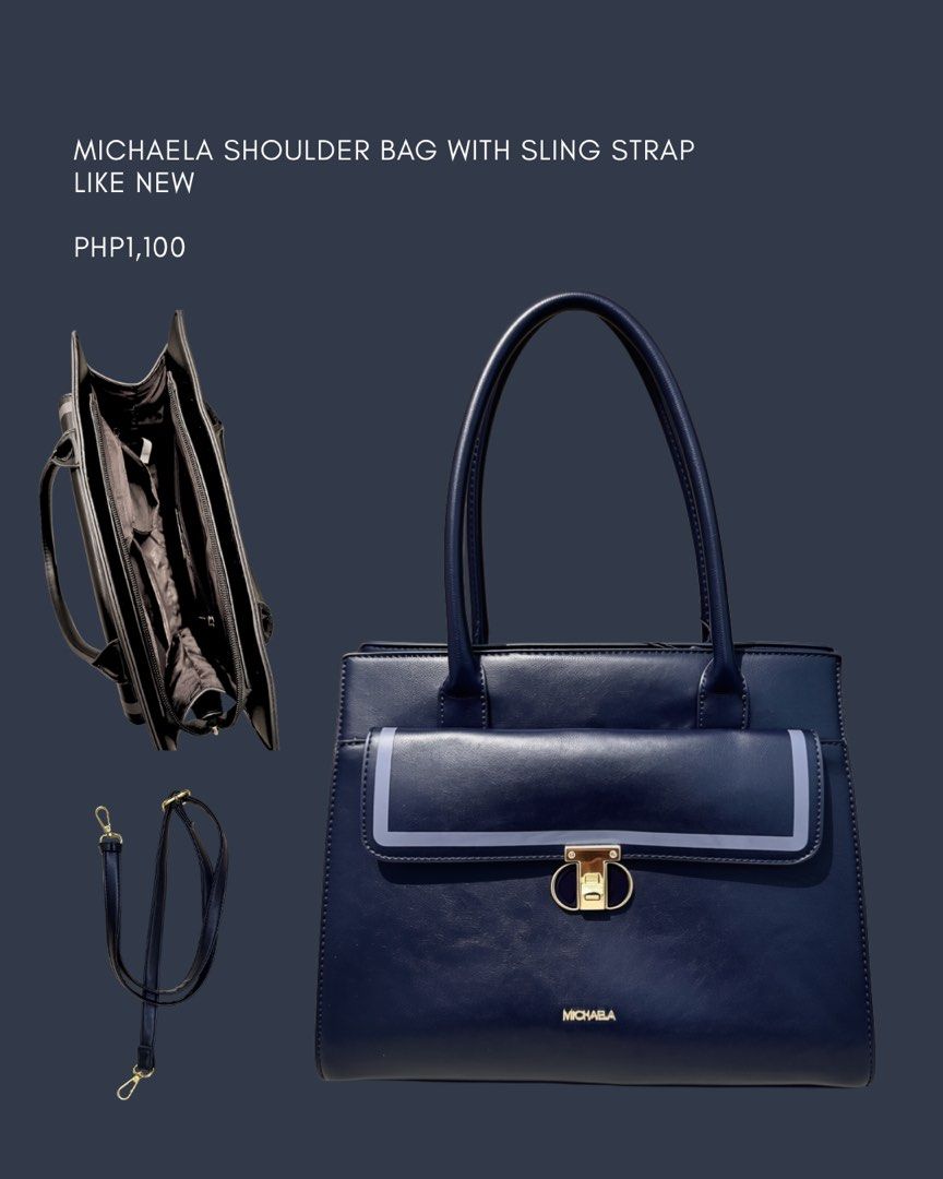 Michaela Black Shoulder Bag with Sling Strap (Category: Shoulder Bags) located in Manila. Submitted by judyarmenta (Listing ID 1462131548, Image 1). Description: - Black Michaela shoulder bag - Detachable sling strap included - Multiple interior compartments for organization - Elegant gold hardware details - Clean and well-maintained condition.