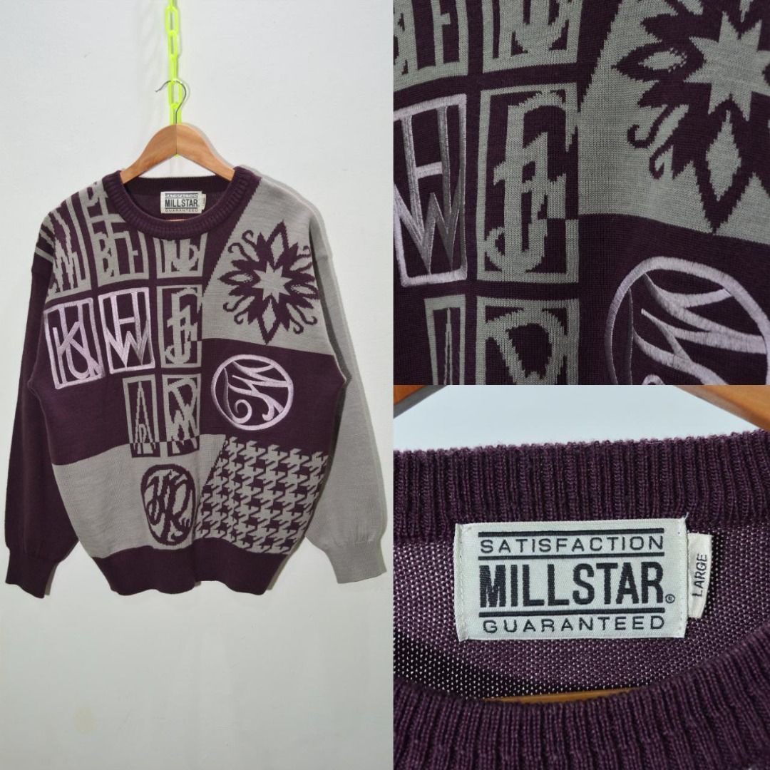 Millstar Vintage Knit Sweater Preloved (Category: Coats, Jackets and Outerwear) located in Polomolok. Submitted by lastthrift (Listing ID 1462203613, Image 1). Description: - Brand: Millstar - Item: Knit Sweater - Color: Burgundy & Grey - Design: Unique patchwork with letters and patterns - Size: Large / 22"x25" - Style: Retro.