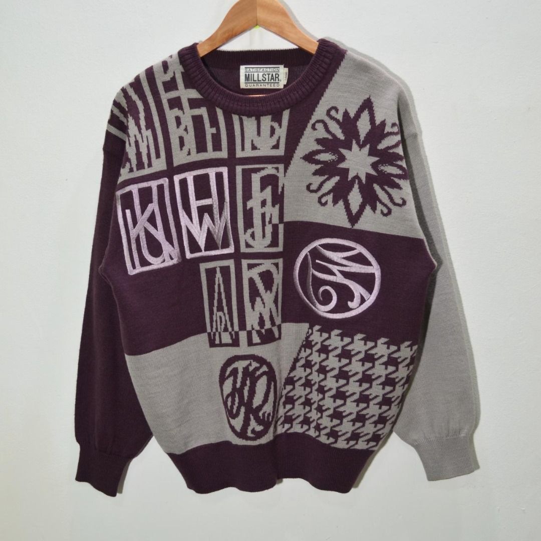 Millstar Vintage Knit Sweater Preloved (Category: Coats, Jackets and Outerwear) located in Polomolok. Submitted by lastthrift (Listing ID 1462203613, Image 2). Description: - Brand: Millstar - Item: Knit Sweater - Color: Burgundy & Grey - Design: Unique patchwork with letters and patterns - Size: Large / 22"x25" - Style: Retro.