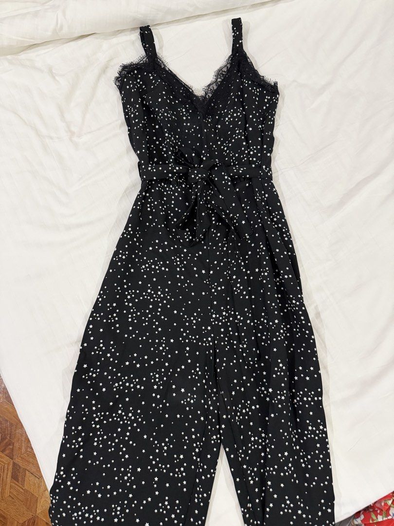 Miss Selfridge Jumpsuit (Category: Jumpsuits) located in Quezon City. Submitted by ayybee_closet (Listing ID 1462115130, Image 1). Description: - Used. Straps have been altered to shorten. - Features delicate lace trim on the neckline. - Includes a tie waist - Loose straight leg .