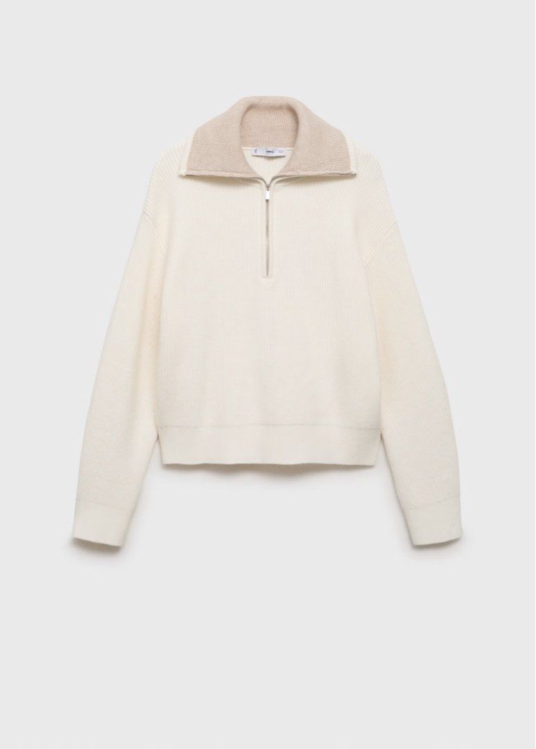 MNG Cream Ribbed Half-Zip Sweater (Category: Coats, Jackets and Outerwear) located in Angeles City. Submitted by adeclutters__ (Listing ID 1462095201, Image 1). Description: - Cream colored sweater - Contrasting beige collar - Half-zip closure - Ribbed knit texture - Estimated size XS - Ideal for layering or standalone wear Bought at 2695 Selling at 1000.