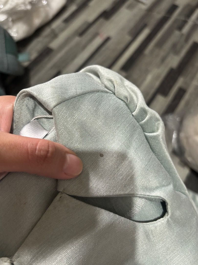 Modern Filipiniana (Category: Blouses) located in Caloocan City. Submitted by niki.niki. (Listing ID 1462154500, Image 3). Description: - Ara Storez top - Size: S - Color: Light sage green - Condition: Has a small mark on the front and a few small marks near the seam. Please check photos for details..