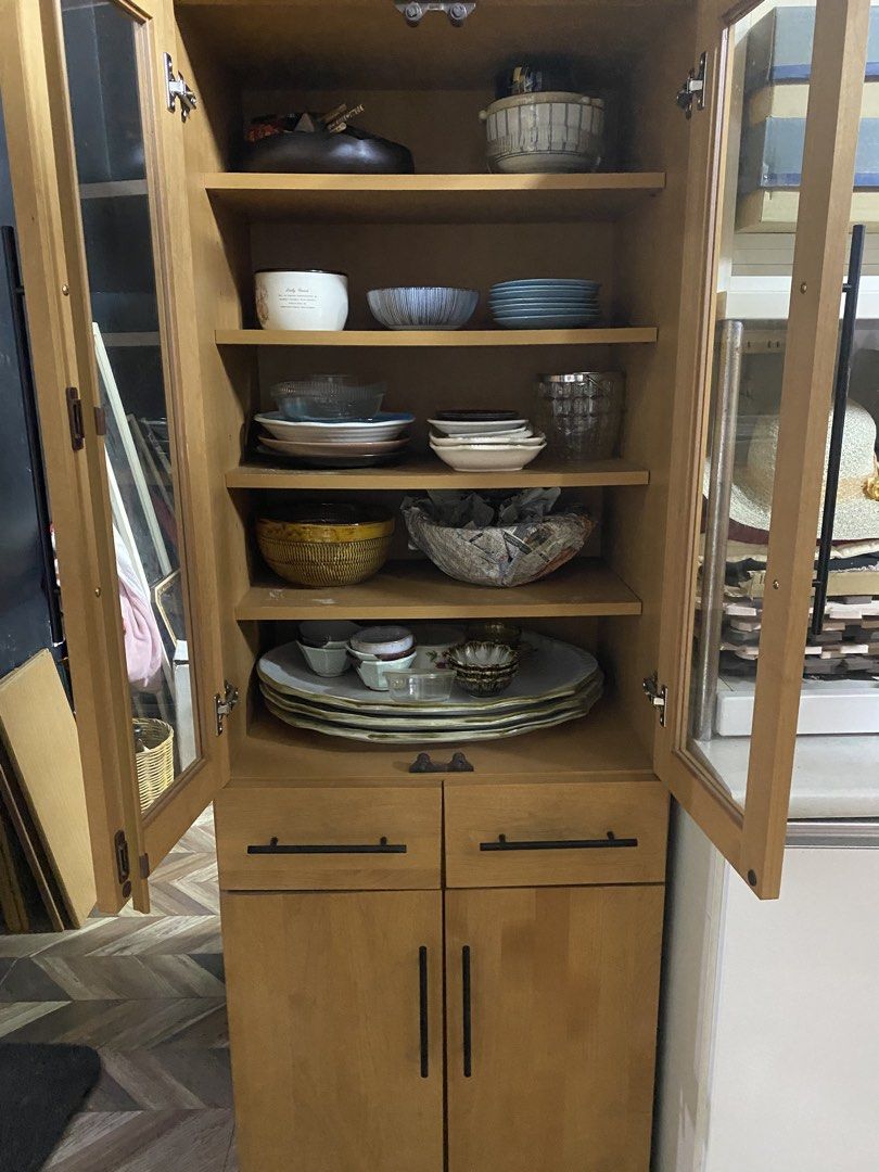 Modern Wooden Display Cabinet (Category: Shelves, Cabinets & Racks) located in Carmona. Submitted by myy_yy (Listing ID 1462145825, Image 3). Description: ✨ Features: Tall, spacious design Glass-front upper display doors Multiple interior shelves 2 large drawers Lower enclosed storage cabinet Elegant light wood finish Long black modern handles Plenty of storage space Clean, simple contemporary design 📏 Dimensions: 175cm × 60cm × 45cm 💰 Price: ₱