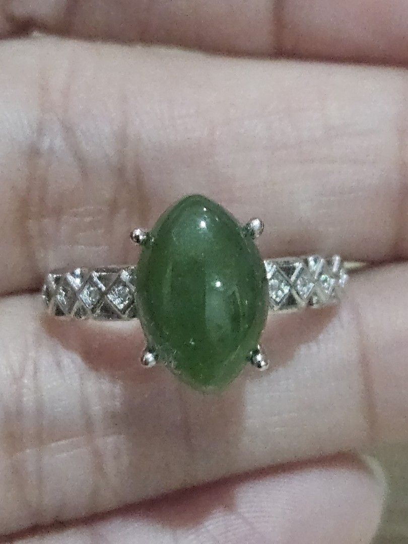Nephrite Jade Stone Simple Ring (Category: Rings) located in Cainta. Submitted by Kahi0410 (Listing ID 1462235832, Image 3). Description: Natural Nephrite Jade Imperial green color Marquise cut , with natural stone line green floating Half silver Platinum plated Non fade Adjustable ring Hypoallergenic.