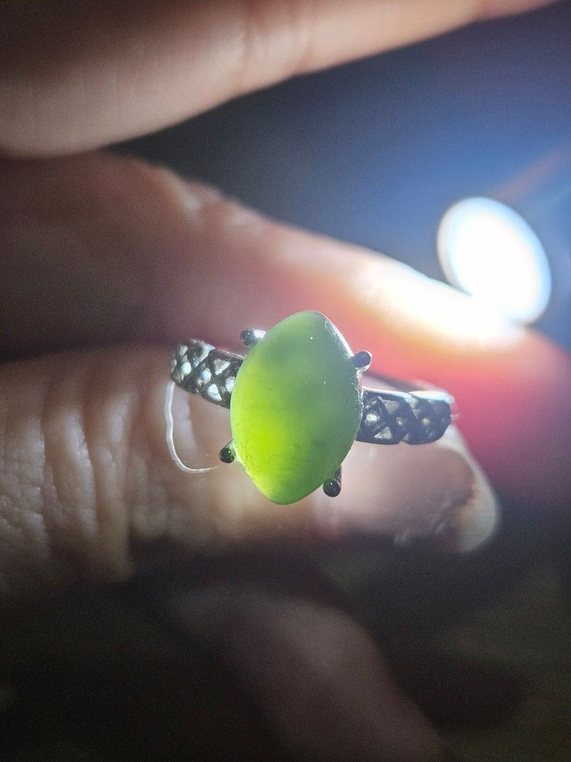 Nephrite Jade Stone Simple Ring (Category: Rings) located in Cainta. Submitted by Kahi0410 (Listing ID 1462235832, Image 2). Description: Natural Nephrite Jade Imperial green color Marquise cut , with natural stone line green floating Half silver Platinum plated Non fade Adjustable ring Hypoallergenic.