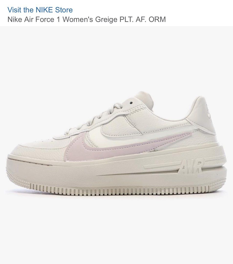 Nike Air Force 1 Women's Greige PLT. AF. ORM (Category: Sneakers) located in Pasig City. Submitted by rchsh (Listing ID 1462112427, Image 1). Description: - Nike Air Force 1 Platform Sneakers - Women's Size US 8 (EUR 39) - Color: Light Greige with subtle Lilac accents on the Swoosh - Platform sole for added height - Ideal for everyday wear - Selling as no longer needed.