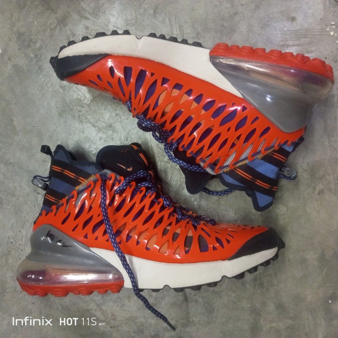 Nike Air Max 270 SP SOE ISPA "Terra Orange" (Category: Sneakers) located in Caloocan City. Submitted by mrk_04 (Listing ID 1462168077, Image 1). Description: - Nike Air Max 270 SP SOE ISPA "Terra Orange" - Unique cut-out design on the upper - Comfortable Air Max cushioning - Ideal for casual wear or light workouts - Blue laces with white speckles - Shows some signs of wear, but plenty of life left.