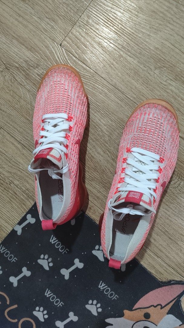 Nike Air VaporMax Flyknit 3 White Ember (Category: Sneakers) located in Manila. Submitted by lasampana50217 (Listing ID 1462117565, Image 3). Description: - Nike Air VaporMax Flyknit 3 size 8.5 womens - Color: Pink and White - Super comfortable and lightweight -No sole sep and air bubble is pristine. - Ideal for running or everyday wear - Features VaporMax air unit for excellent cushioning - White laces - Darker pink Nike swoosh - Reason for sell