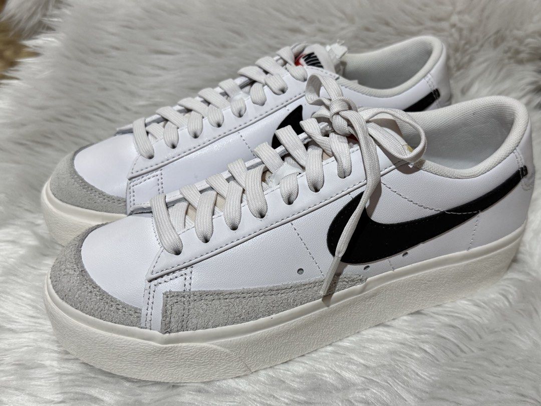 Nike Blazer Low Platform White Black Grey (Category: Sneakers) located in Manila. Submitted by sariestore (Listing ID 1462068809, Image 3). Description: - RFS: Decluttering -Classic Nike Blazer Low Platform sneakers - Color: White leather with grey suede accents and black Nike swoosh - Features a platform sole for added height - Size: US 7 / EUR 38 - Origin: Made in Indonesia Box included,never been used Mode of payment: Go Tyme/BPI (Payment firs