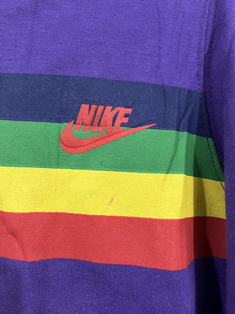 Nike Crewneck sweatshirt (Category: Coats, Jackets and Outerwear) located in Manila. Submitted by sophianne19 (Listing ID 1462110845, Image 2). Description: LEGIT RETRO VINTAGE PIECE / Y2K VIBES Price is negotiable ☺️ 🔥 Selling this authentic late-2000s Nike crewneck sweatshirt! Very unique purple colorway with iconic rainbow chest stripes (Navy, Green, Yellow, Red). Solid streetwear aesthetic, perfect for everyday retro look. 📌 QUICK DETAILS: 
