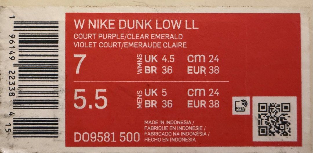 Nike Dunk Low - Lisa Leslie (Category: Sneakers) located in Makati City. Submitted by kittyshark (Listing ID 1462038171, Image 2). Description: - Authentic Nike Dunk Low LL sneakers - Colorway: Court Purple/Clear Emerald - Includes original laces - Bonus: Extra purple and teal laces included - Manufacturing origin: Made in Indonesia - Please check all photos for condition details.