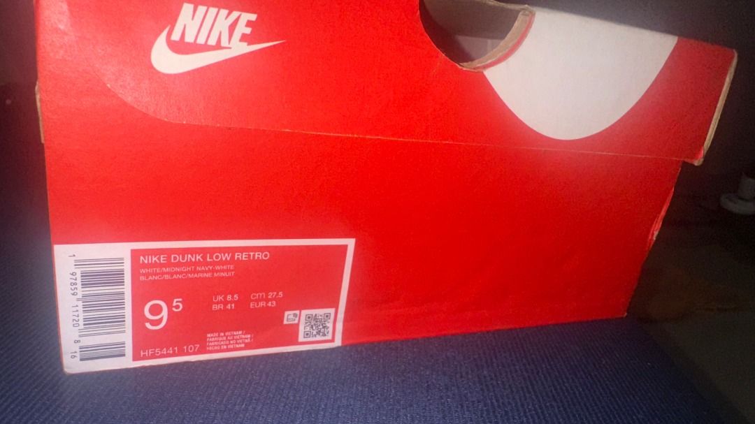 Nike Dunk Low Retro White Navy Men's Size 9.5 (Category: Sneakers) located in Pasig City. Submitted by patrickjae07 (Listing ID 1462116192, Image 2). Description: - Nike Dunk Low Retro - Colorway: White and Navy - Size: Men's US 9.5 - Includes original box - Classic and versatile design, perfect for daily wear.