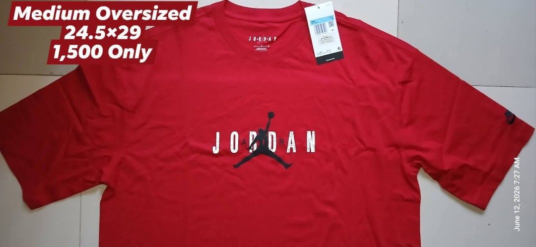 Nike Jordan Red Oversized T-shirt Medium (Category: Tshirts & Polo Shirts ) located in San Mateo. Submitted by edayz709 (Listing ID 1462044635, Image 1). Description: - Authentic Red Jordan T-shirt - Size: Medium (designed for an oversized fit) - Measurements: 24.5 inches wide x 29 inches long - Ideal for everyday casual wear - Price: PHP 1,500.