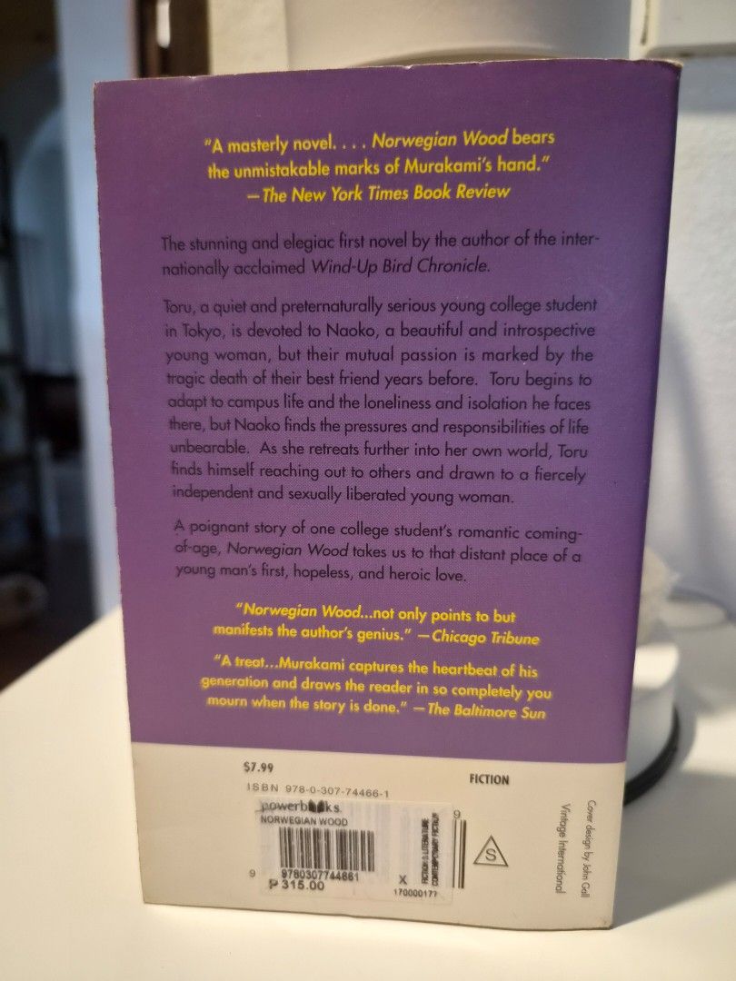 Norwegian Wood by Haruki Murakami (Category: Storybooks) located in Manila. Submitted by calcifie (Listing ID 1462059268, Image 2). Description: With shelf wear, tanning and some spotting MOP: GCash, BPI Transfer, Wise (+5% transaction fee c/o buyer) MOD: LBC, Gogo Express, J&T Same Day delivery at buyers expense I do meet ups in BGC or Rockwell on weekends, can do same day delivery after payment. Item is coming from Parañaque..