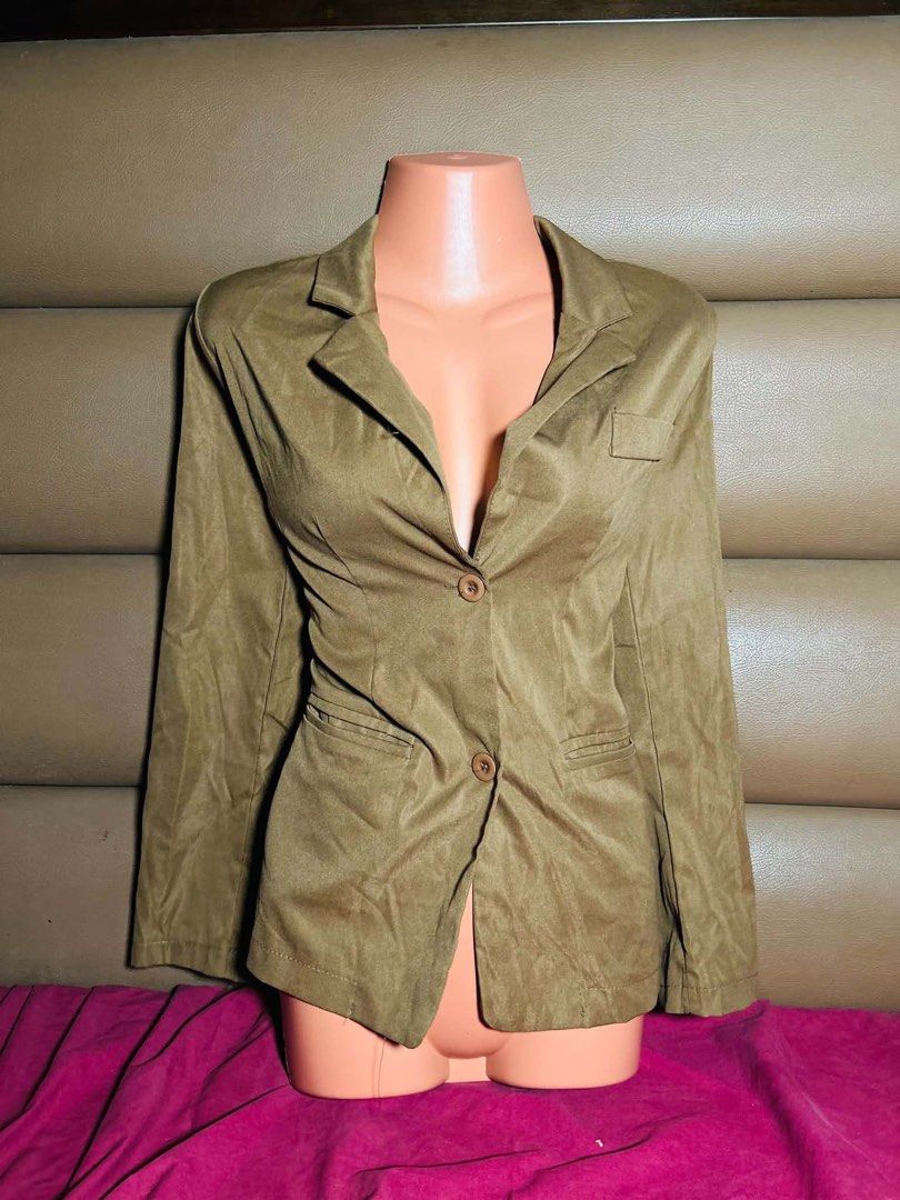 Olive Green Faux Suede Fitted Blazer / Jacket (Category: Dresses) located in Manila. Submitted by angel.609 (Listing ID 1462193044, Image 1). Description: Olive Green Faux Suede Long Sleeve Blazer Jacket • Brand: [Ilagay ang brand, e.g., Shein / Taobao / Thrifted / Unbranded] • Color: Olive Green / Khaki Green • Size: [Ilagay ang size, e.g., Small / Fits Small to Medium] • Condition: [Ilagay ang condition, e.g., Brand New / Preloved] • Fabric: Fa