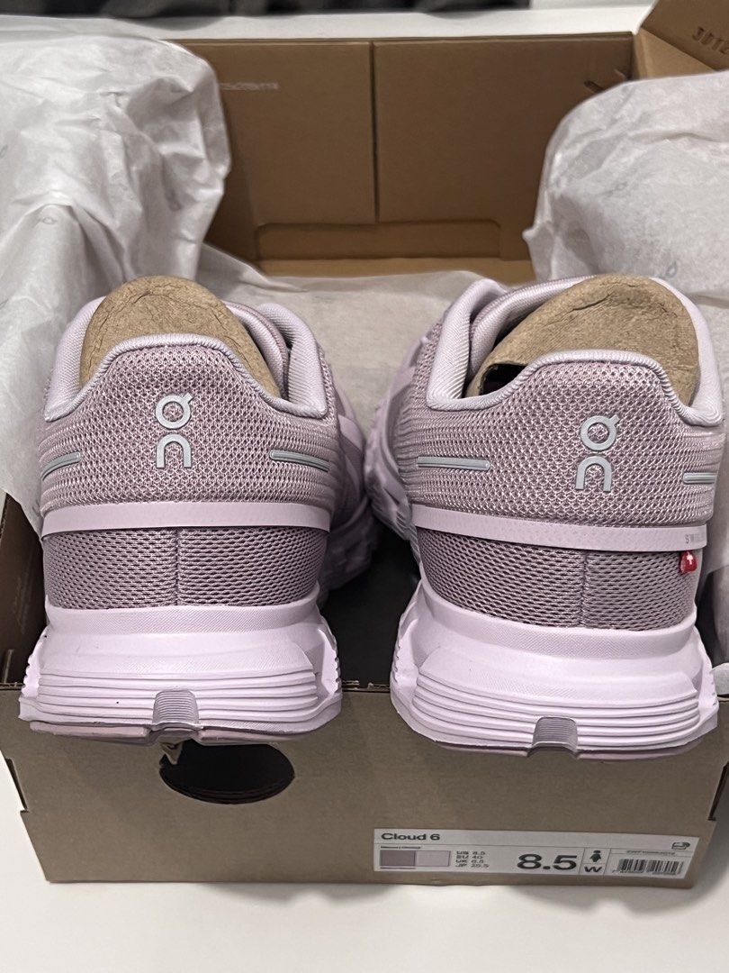 On Cloud 6 Mauve Orchid Running Shoes (Category: Sneakers) located in Marikina City. Submitted by decluttering.yorkie (Listing ID 1462059889, Image 1). Description: - Brand: On - Model: Cloud 6 - Color: Mauve Orchid - Size: Women's 8.5 - Features: Lightweight, comfortable for everyday wear and running - Includes: Original box and packaging - Quality: Swiss engineering.