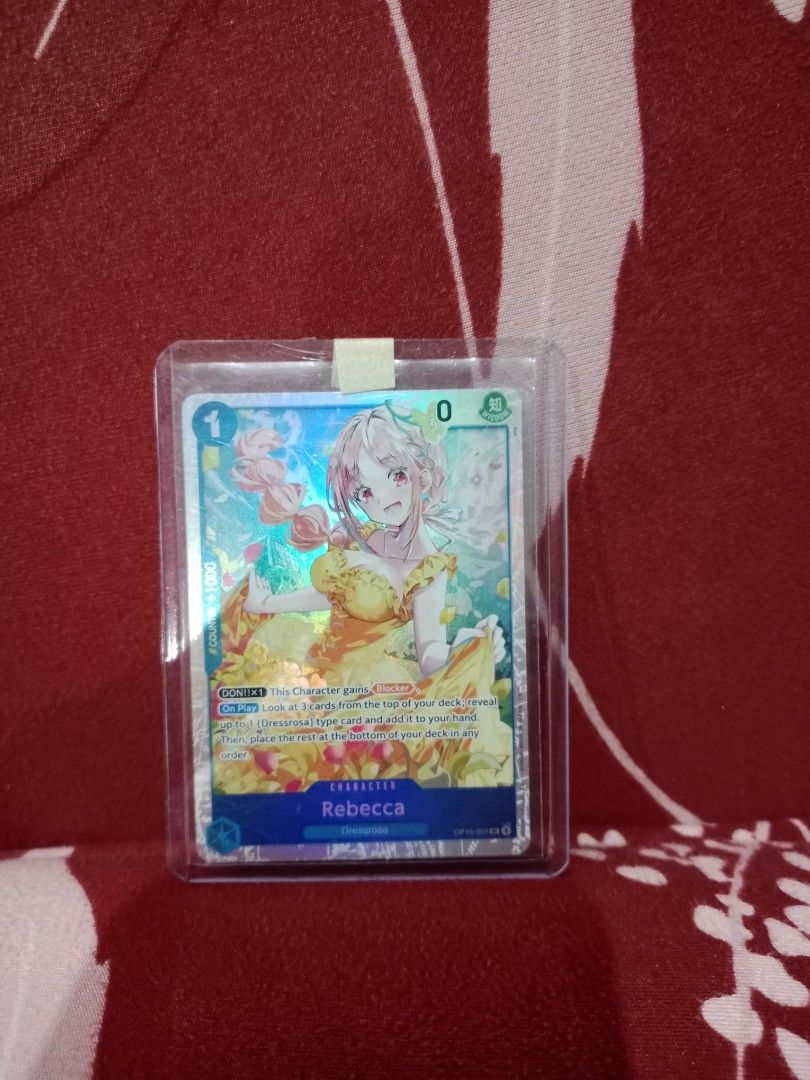 One Piece Card Game Rebecca (Category: Raw Singles) located in Makati City. Submitted by baymux (Listing ID 1462243576, Image 1). Description: - One Piece Card Game Card: Rebecca (OP01-063 R) Price: 400 Buyer pays for shipping Meetup: Circuit mall Makati.