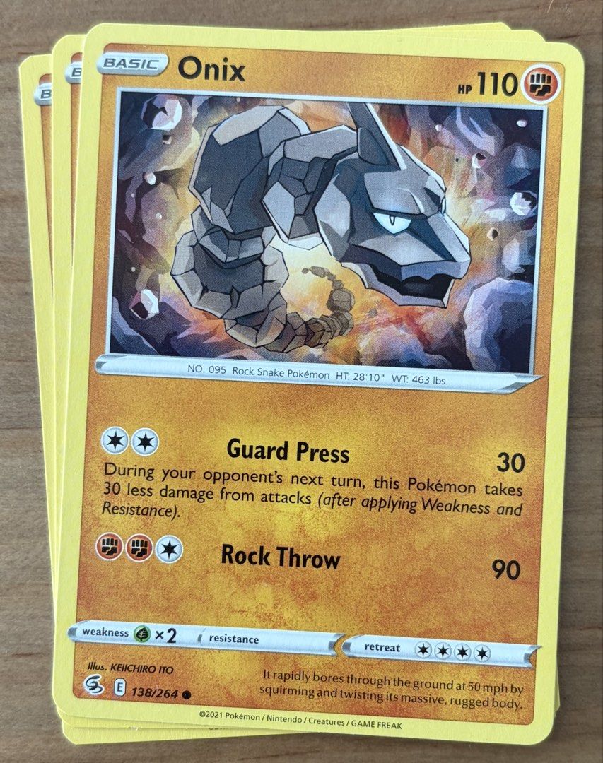 Onix | Pokemon Cards ~ Fusion Strike (Category: Raw Singles) located in Makati City. Submitted by cardlab (Listing ID 1462055023, Image 1). Description: Items are 💯 authentic/original/legit. About The Card: •Language: EN • Number: 138/264 • Common • Normal FOR: • Cards ₱99 and below with Card Sleeves • Cards ₱100 and up with Card Sleeves and Used Toploader • ₱10 for Bnew Tops Packaging (If Shipping): ✔️ Plastic cover ✔️ Cardboard ✔️ Bubble wrap 