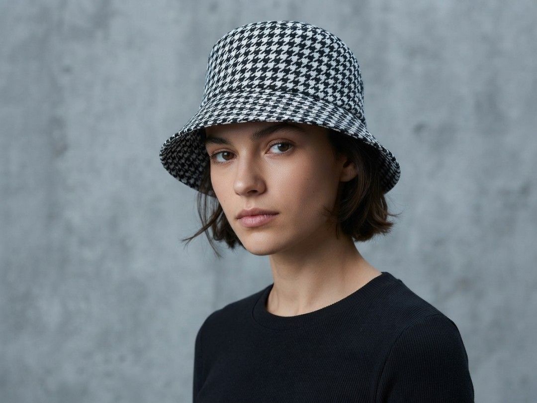 ORLY Classic Houndstooth Print Bucket Hat (Category: Hats & Beanies) located in Binangonan. Submitted by yuristalin888 (Listing ID 1462205453, Image 1). Description: Add a sharp, timeless pattern to your streetwear collection with this ORLY houndstooth bucket hat. Featuring a classic black and white micro-check design, this hat effortlessly bridges retro style and modern casual wear. **Key Features:** * **Brand & Material:** Made by ORLY from 100